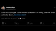 A netizen says that he will not vote for the Bidens. (Image via X/Boulder_Tim)